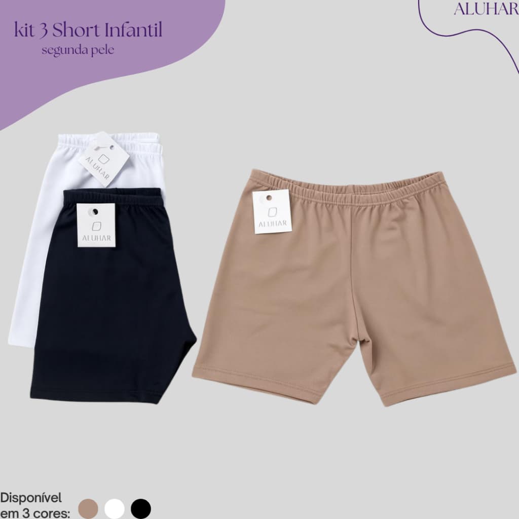 Short anágua infantil menina, Kit Com 3 Short, liso segunda pele feminino