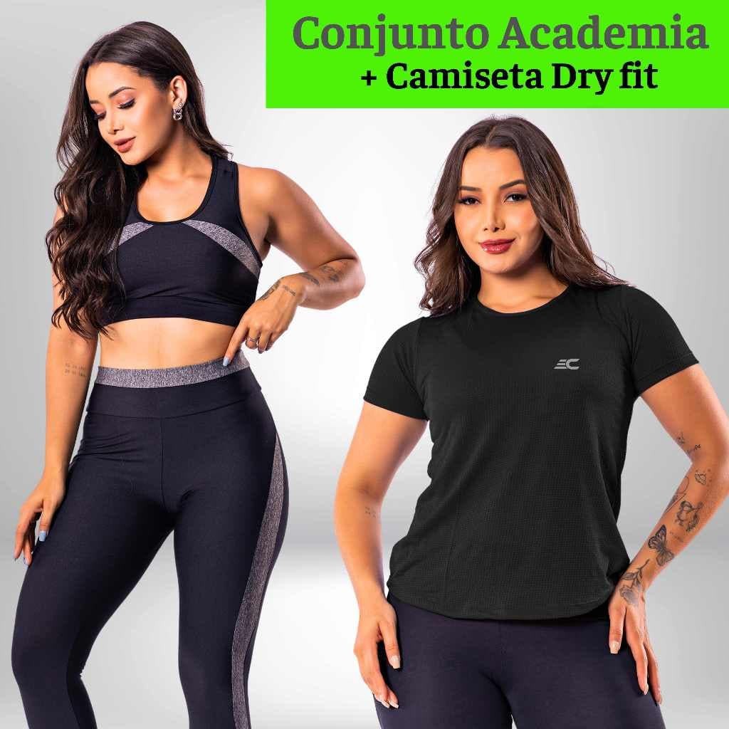 Kit 3 Peças Conjunto Fitness Feminino Roupa Academia Top + Legging + Camiseta Blusa Feminina Dry fit