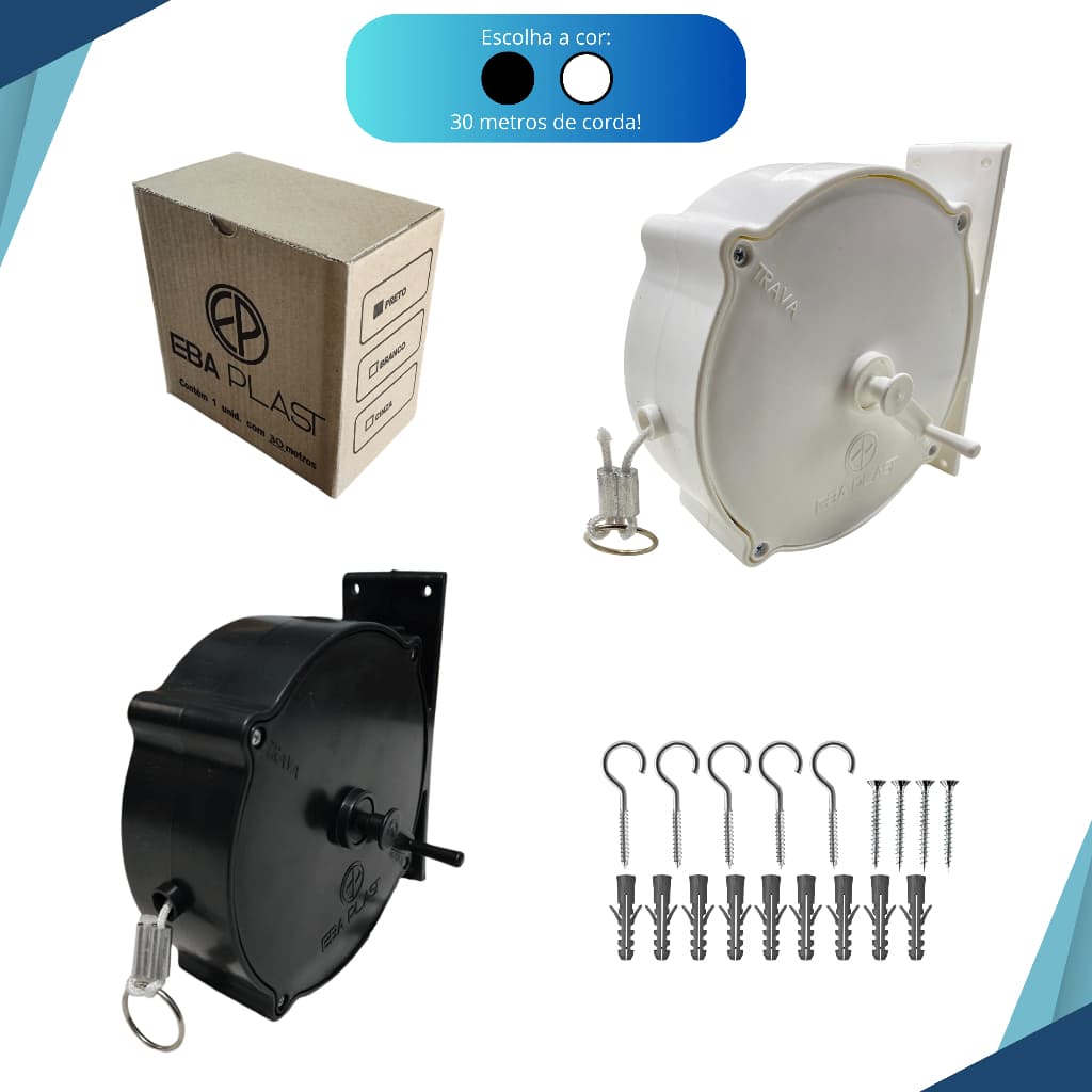 Varal de parede Retrátil / Recolhível com 30 metros de corda  (utilizável em área externa e interna)