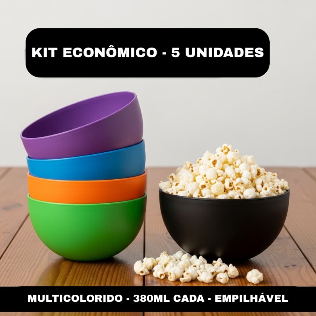 KIT 5 POTES BOWL COZINHA 380ML DE PLÁSTICO REDONDO COLORIDO TIGELAS SORVETE DOCE SALGADO VARIADOS