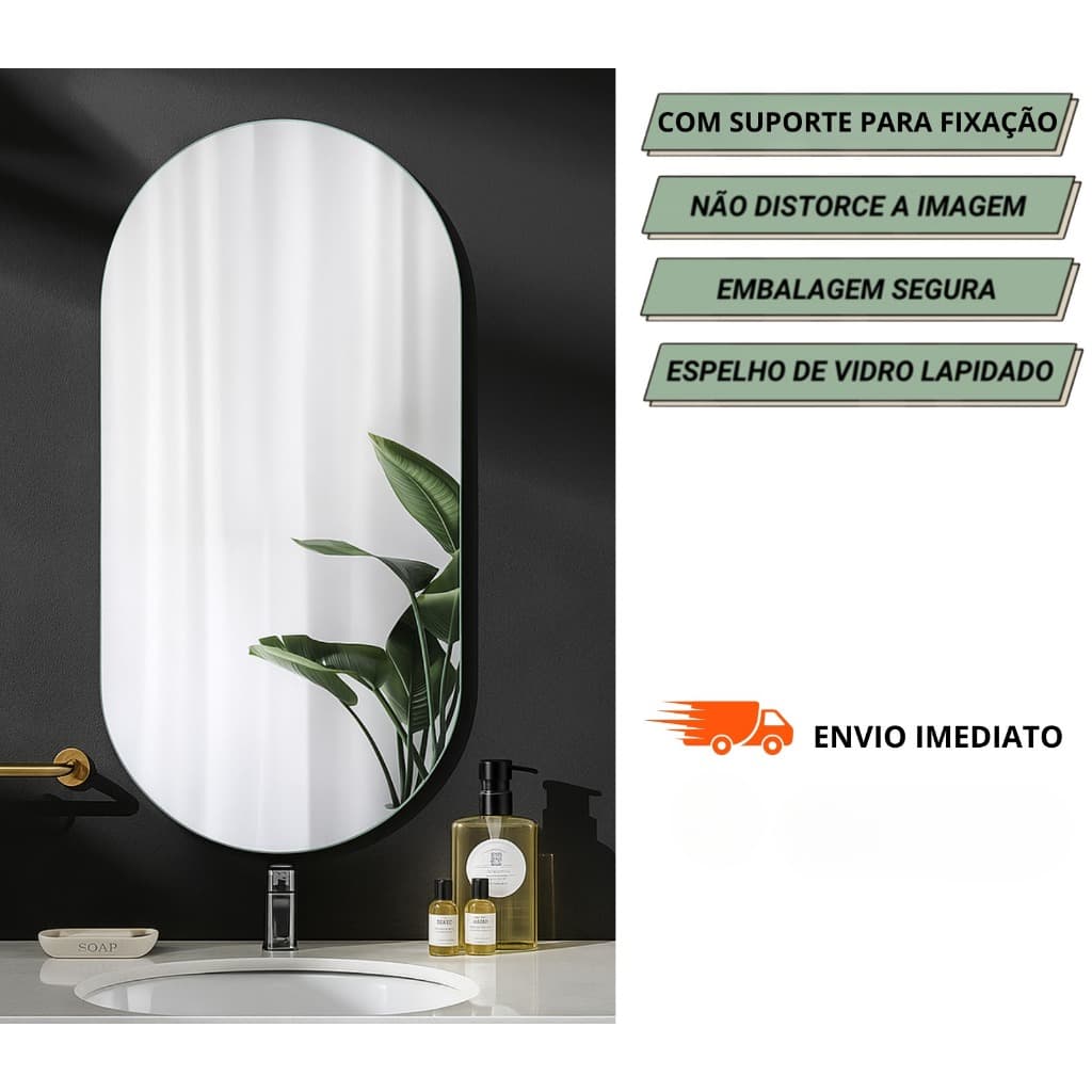Espelho Arredondado 60x40 Lapidado + Suporte Banheiro Sala / Quarto / Decorativo Oval Luxo