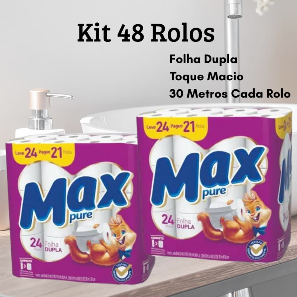 Kit 48 Rolos Papel Higiênico Max Pure Folha Dupla 30m Cada Original