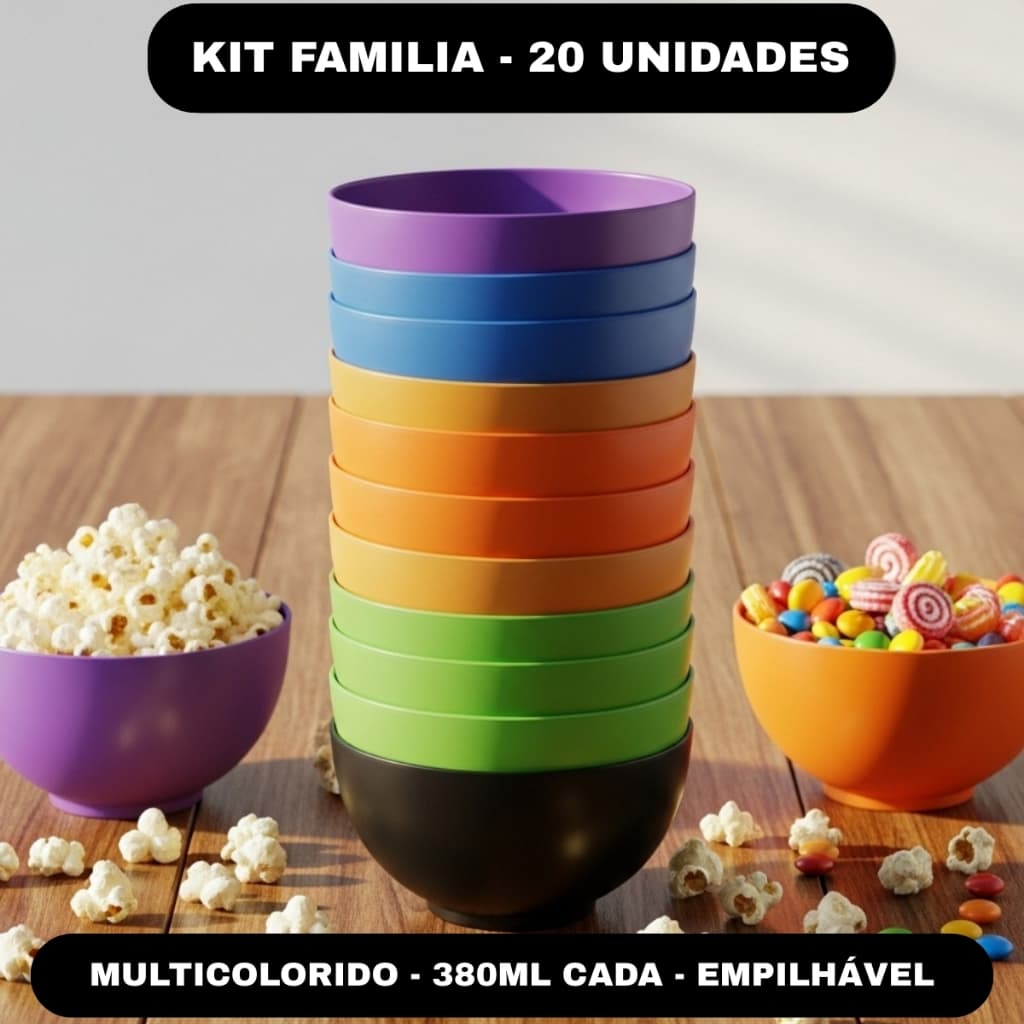 KIT 20 POTES BOWL COZINHA 380ML DE PLÁSTICO COLORIDO REDONDO TIGELAS SORVETE AÇAI DOCE PIPOCA FRUTA