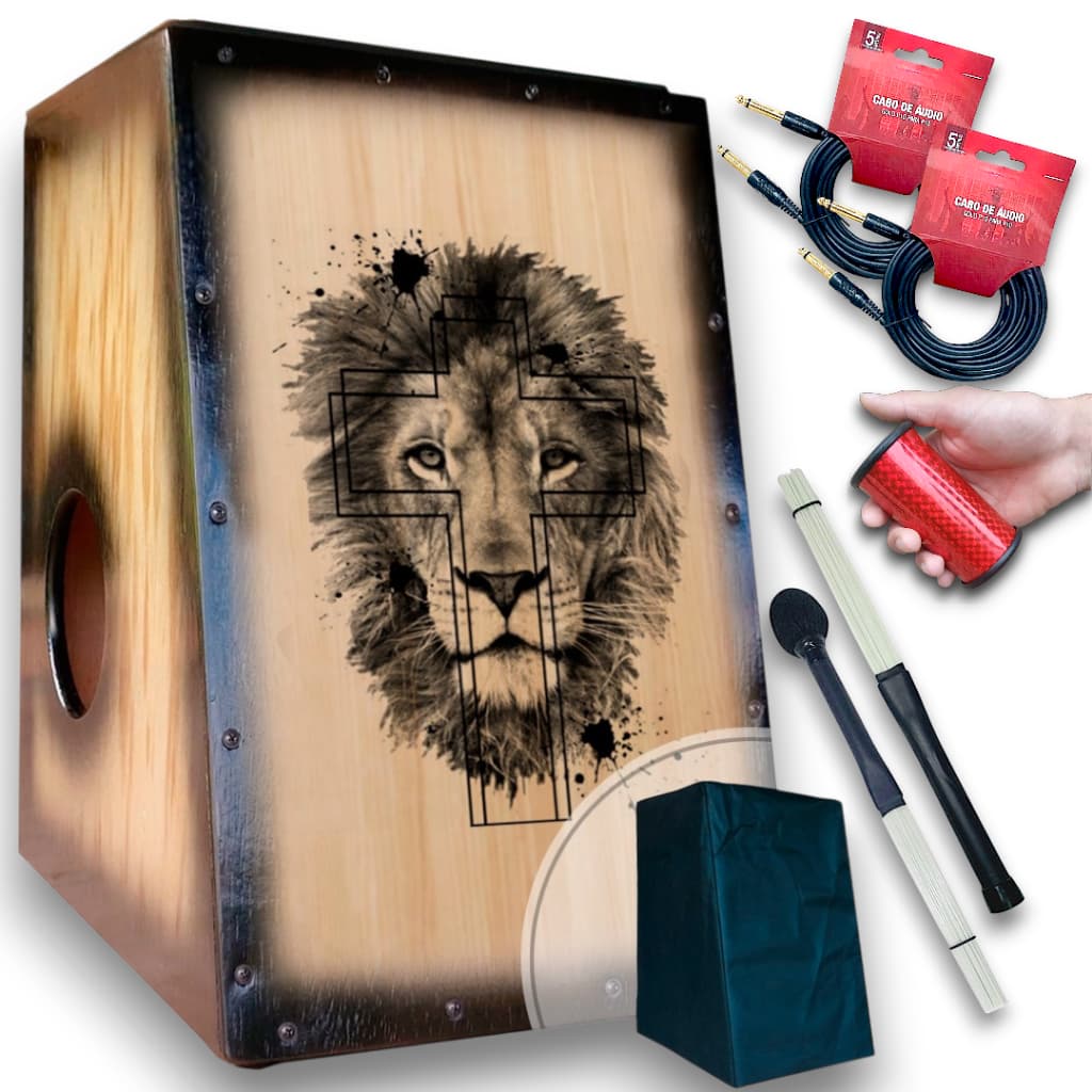 Cajón/Carron Elétrico/Acústico+Baqueta+Vassourinha+Chocalho de pé+Cabos Completo Especial