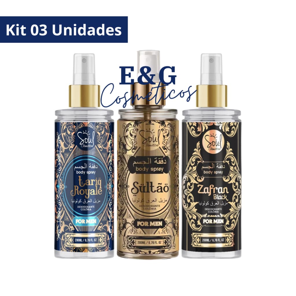 Kit 03 Body Splash  Árabe Masculino - Tariq Royale - Sultão - Zafran Soul Cosméticos 200ml