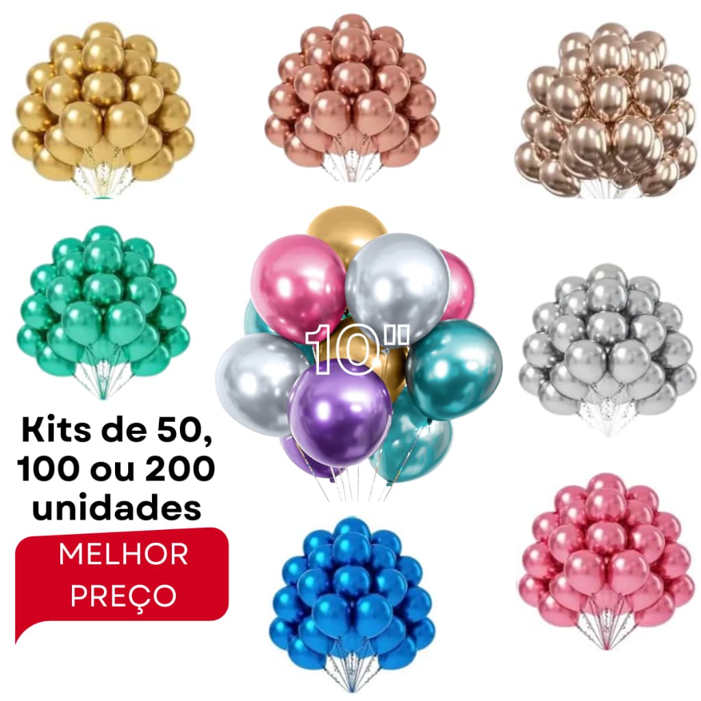 Kit Balão Metalizado Bexiga Nº10 50/100/200 Festa Aniversário Casamento Evento Decoração