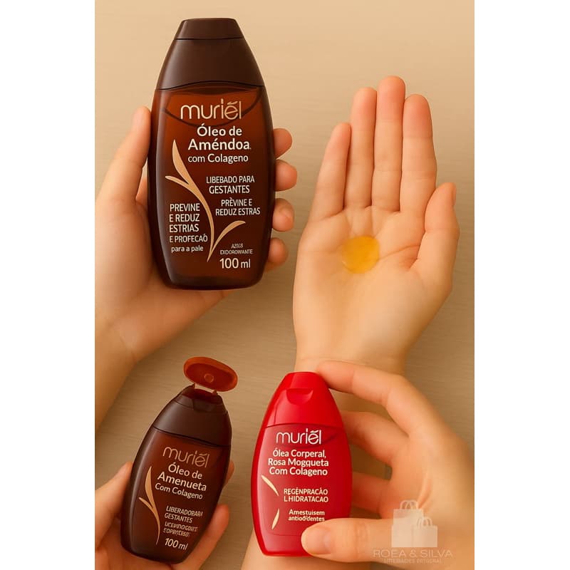 Kit Óleo Corporal Muriel 100ml Cada – Rosa Mosqueta e Amêndoas, Estrias, Colágeno e Vitamina E