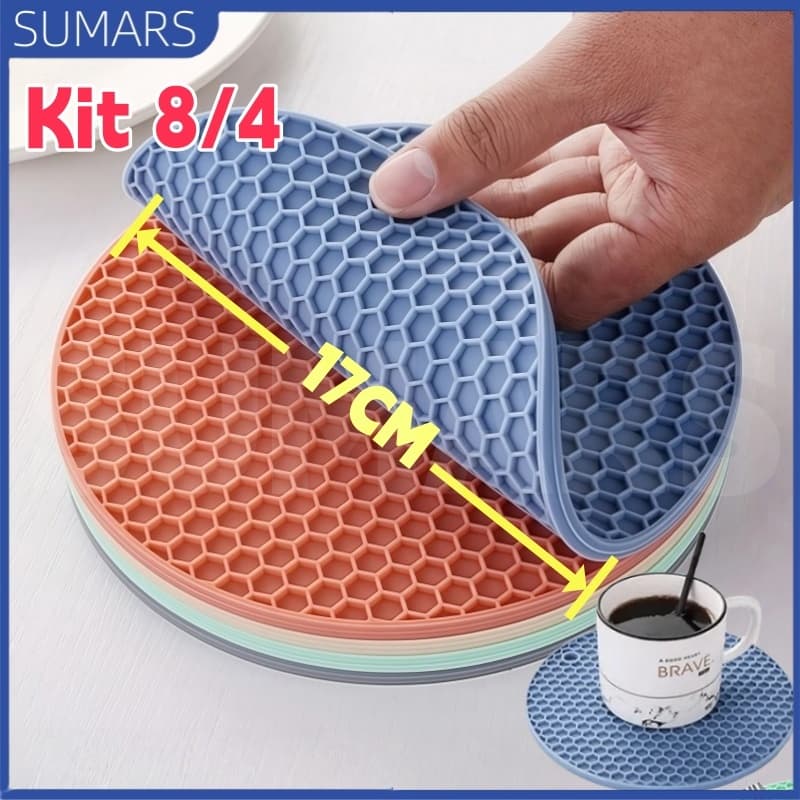 Kit 8/4 Descansos Panela em Silicone Protetor Resistente 17cm Antiderrapante Coaster Para Talheres