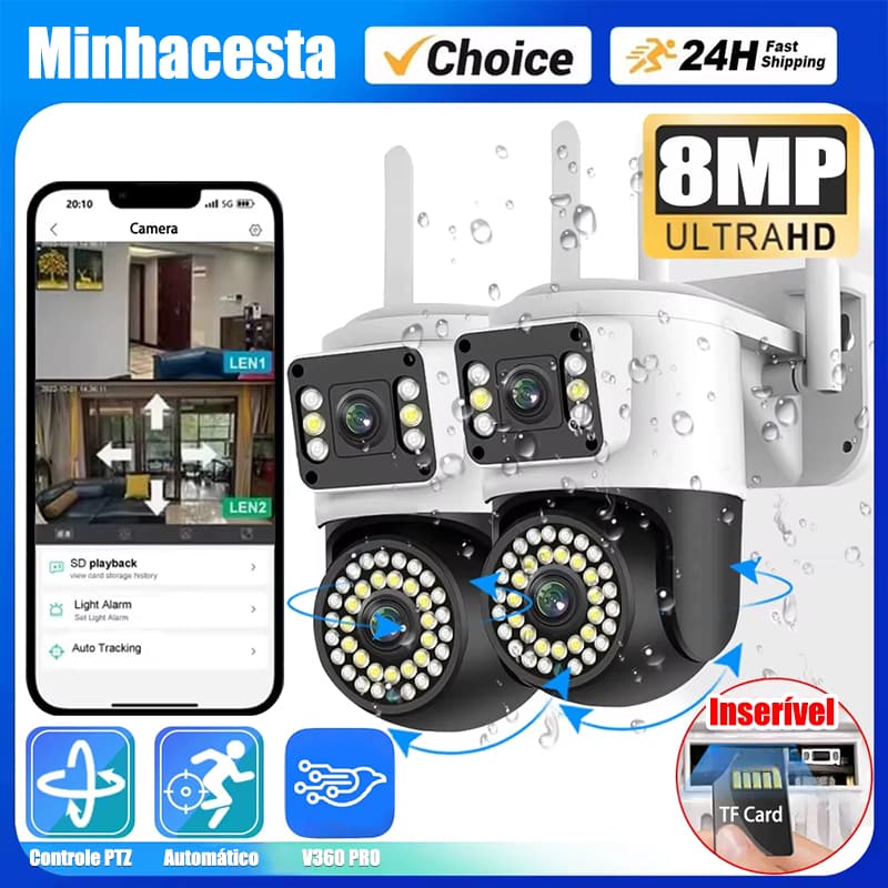 Câmera Segurança WiFI IP 2 Lentes Visão Noturna Microfone a Prova D'água gira 360 App V360 G1
