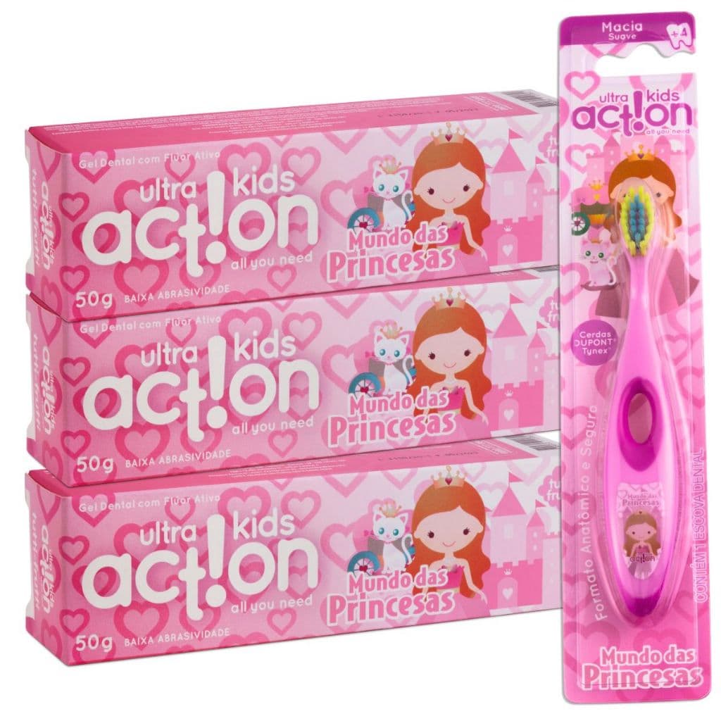 Kit 3 Gel Dental Kids Mundo Das Princesas Tutti-Frutti 50g - Ultra Action