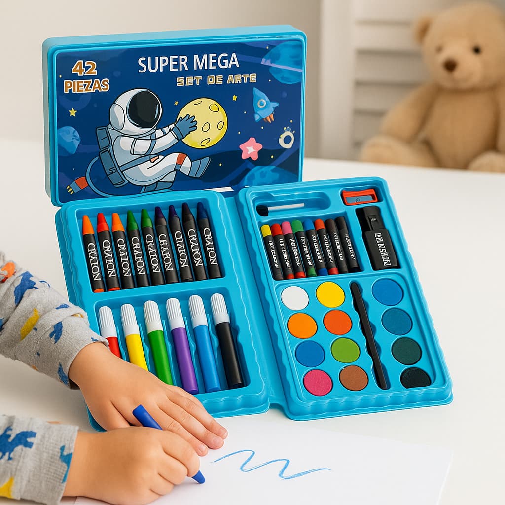Kit 42/13 Peças Maleta Pintura Infantil Pincel Giz Aquarela Apontador Lápis Estojo Desenho Criança