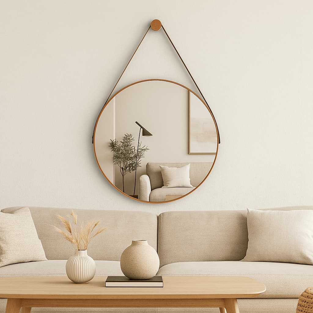 Espelho Adnet Couro Com Alça + Suporte 60cm 50cm 40cm 30cm Sala Quarto Banheiro Redondo