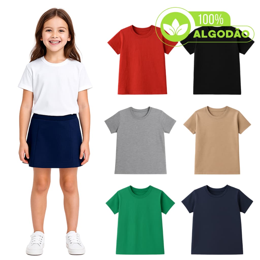 Blusa Malha Manga Curta 100% Algodão Infantil Juvenil Básica Menina Feminina Tamanho 1 ao 16