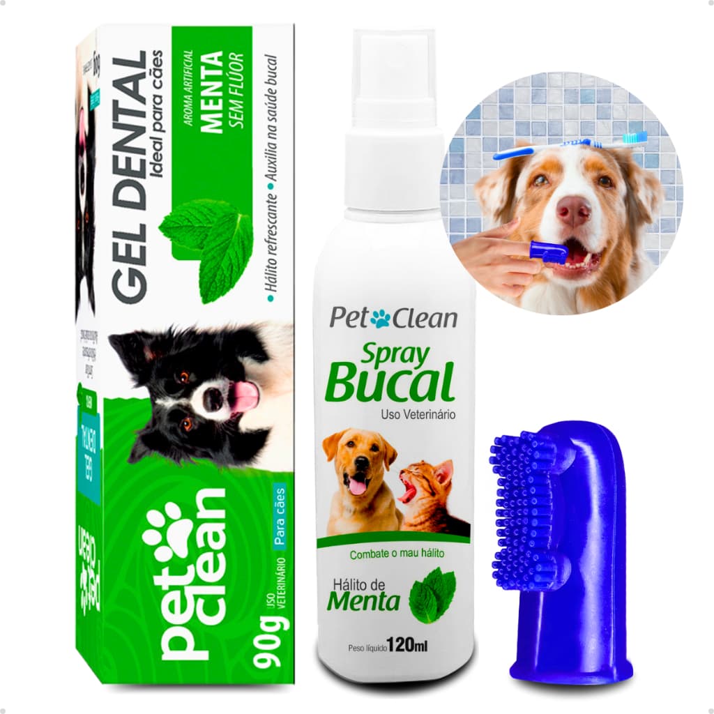 Kit Higiene Dental Pet Cachorro e Gato Gel Pasta 90g + Spray Hálito 120ml + Escova Dedeira Pet Clean
