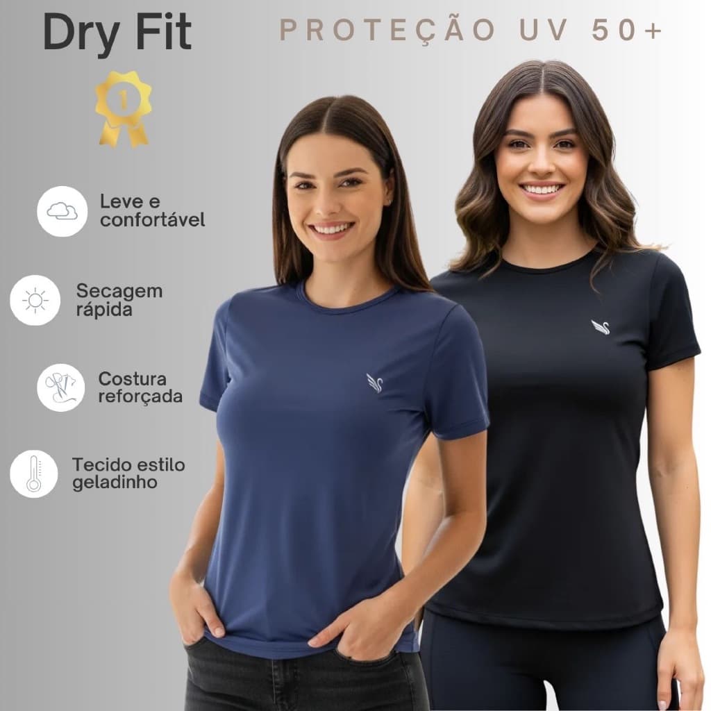 Kit 2 Camiseta Feminina Dry fit Blusas Camisas Para Academia Uv 50 do P ao G2