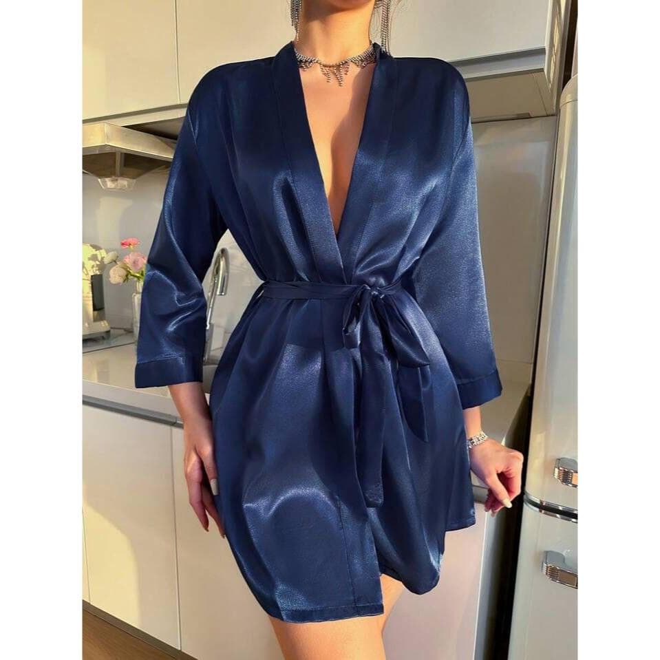 Robe de Cetim Azul Royal Luxo - Curto - Manga Longa - Pós-Banho/Madrinhas