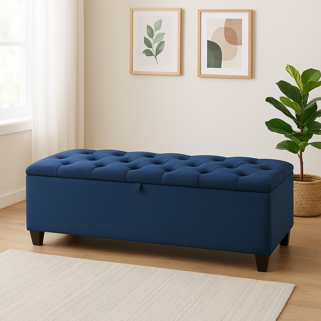 Baú Recamier Sara Capitonê Suede Estrutura Madeira Cama Casal Quarto Confortável