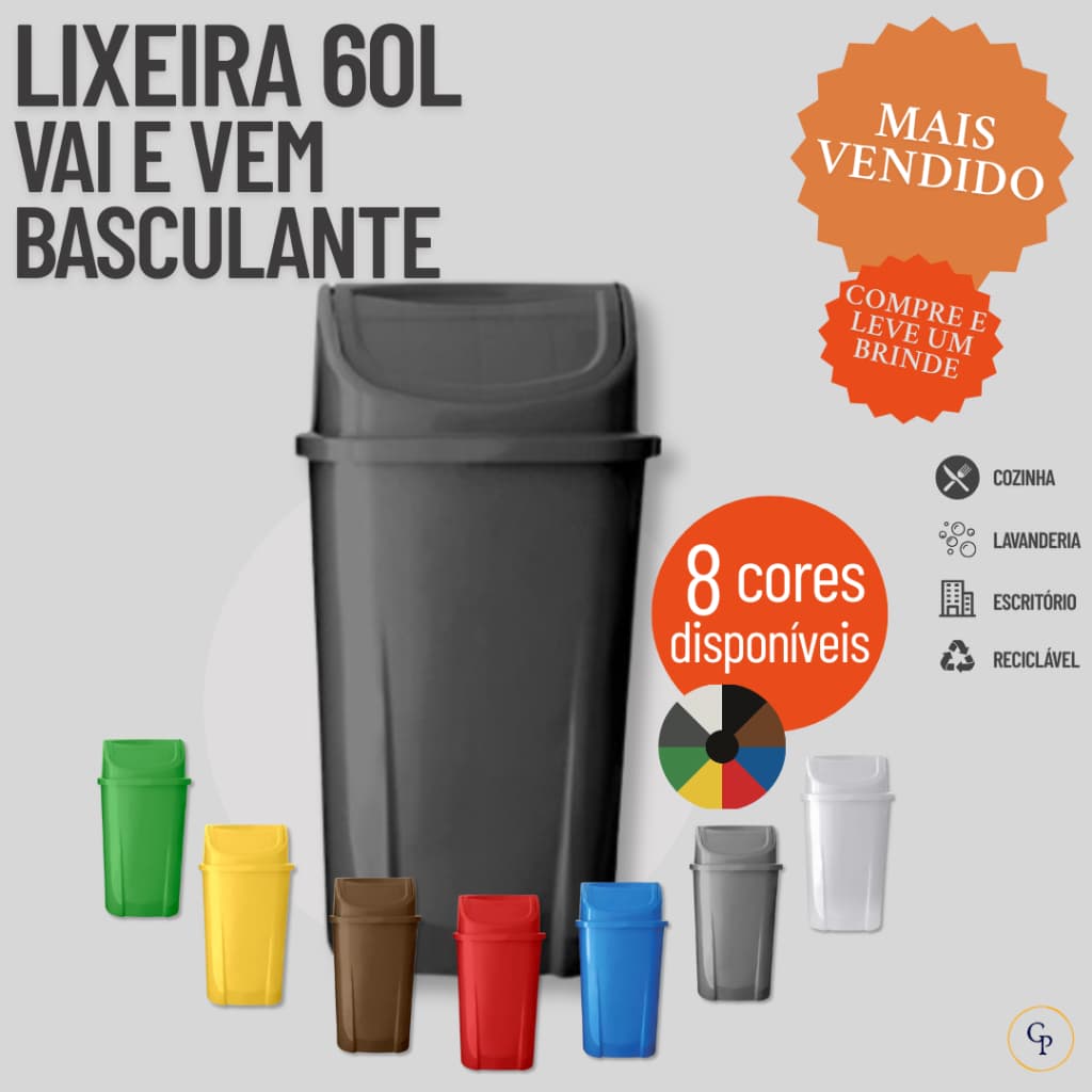 Lixeira 60L Vai e Vem Reforçada – Ideal p/ Cozinha, Reciclável e Seletiva