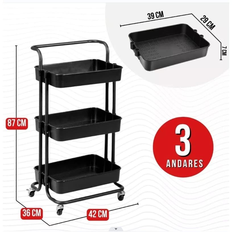 Carrinho Organizador Multiuso Com Rodinhas Manicure Banheiro Lavanderia 3 Prateleiras