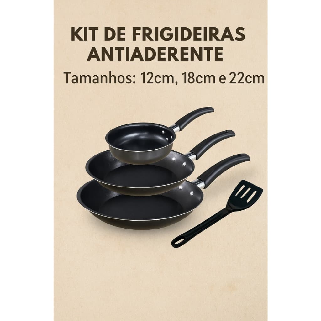 Jogo de Frigideiras Antiaderente Teflon Premium 3 Peças (12cm, 18cm e 22cm) + Espátula Brinde