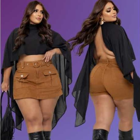 Short Saia Plus Size Cargo Jeans Marrom Feminino com Lycra e Bolsos Cargo Funcionais  Acompanha Cinto