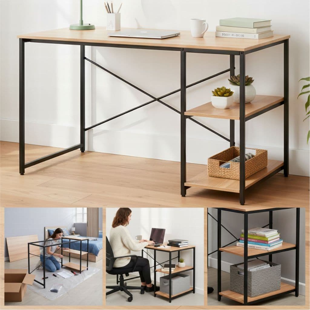 Mesa Escrivaninha Home Office Industrial com 120cm 2 Prateleiras lateral