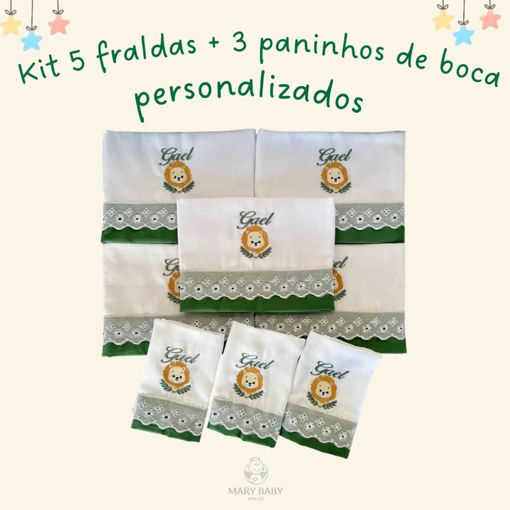 Kit 5 Fralda de Ombro p/ Amamentação + 3 Pano de Boca Bordado para Bebê Menino Menina Personalizada