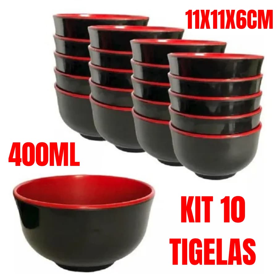 Kit 10 Tigelas 400ML 11X11X6CM Cumbuca De Melamina Redonda Resistente Preta E Vermelha