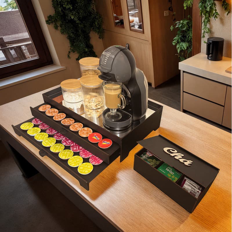 Bandeja Decorativa Com 2 Gavetas Porta 80 Capsulas Preta Espelhada Cantinho do Cafe Mdf Apoio Servir