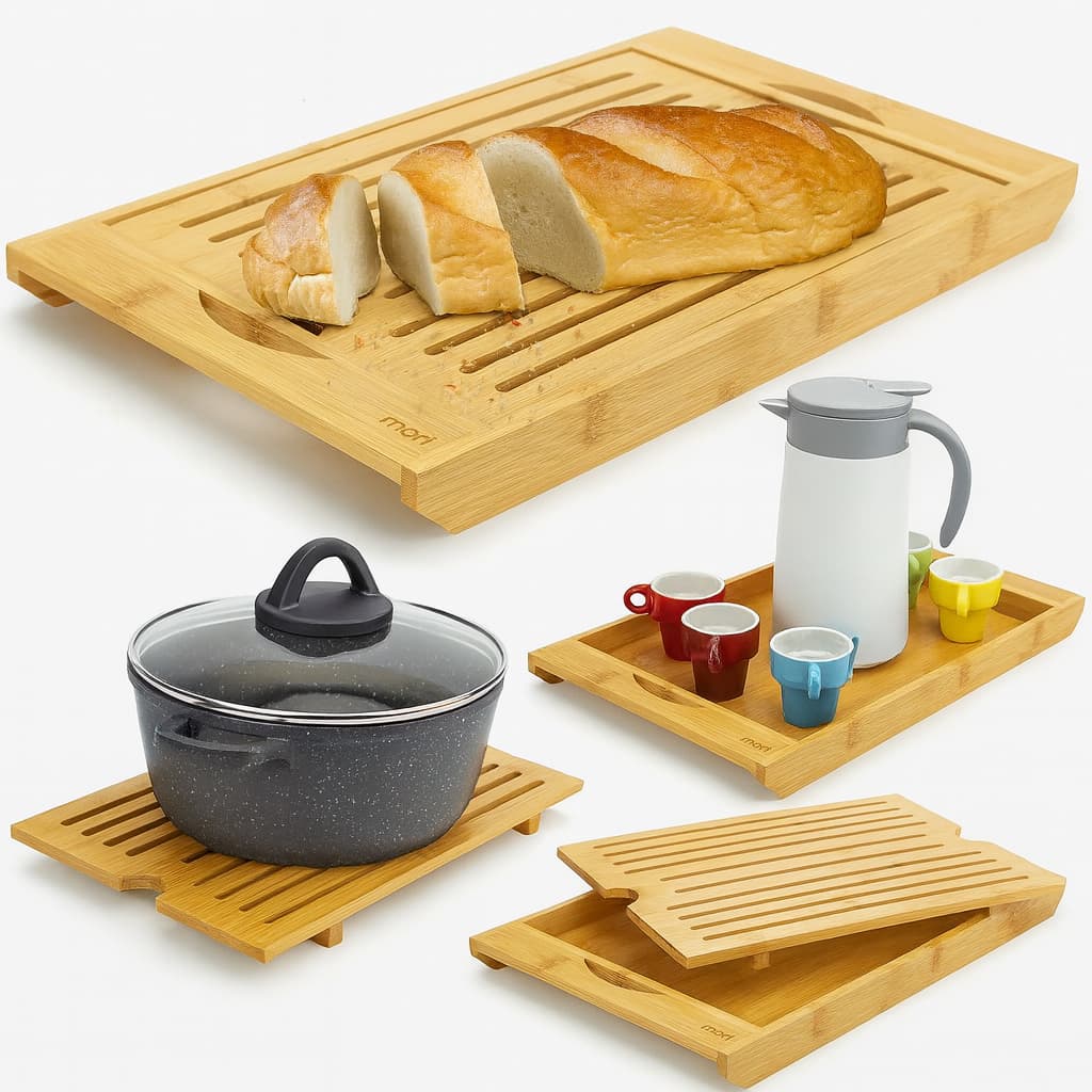 Tábua de Corte e Coletor de Migalhas 4 em 1 de Bambu Pão Bolo Fruteira Bandeja e Descanso de Panela