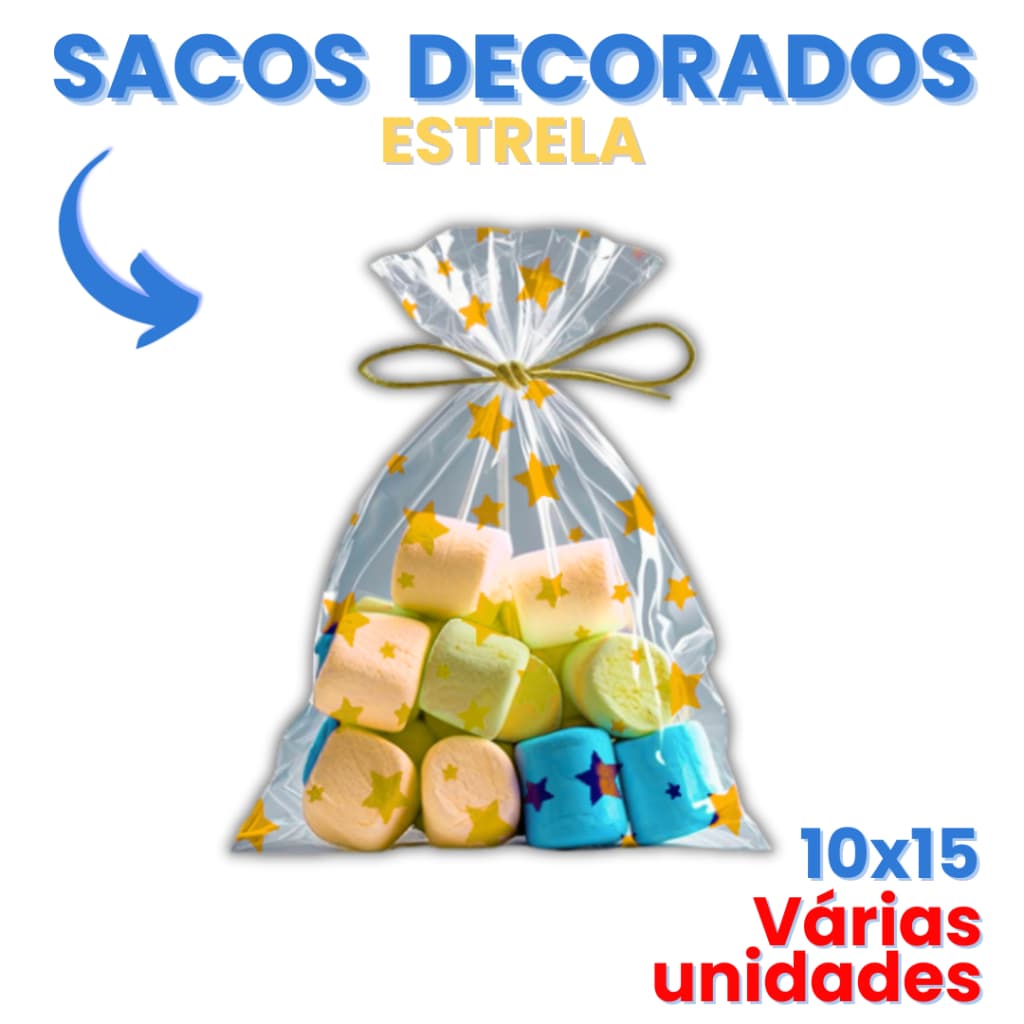 50 Saquinhos Celofane Plásticos Transparentes Decorados Estrela Estrelinhas 10x15cm 11x20cm