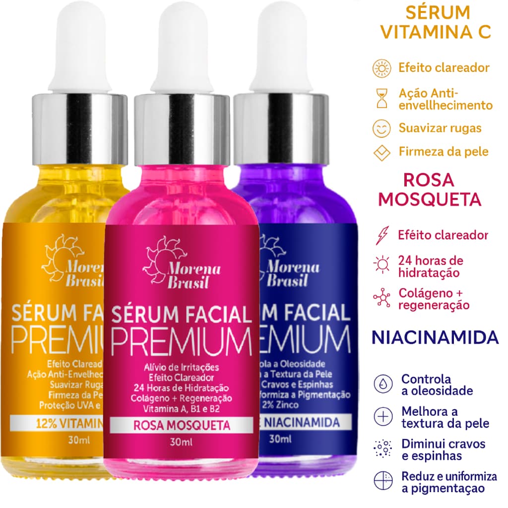 Kit SkinCare Premium - Sérum Facial Vitamina C + Sérum Niacinamida + Sérum Rosa Mosqueta