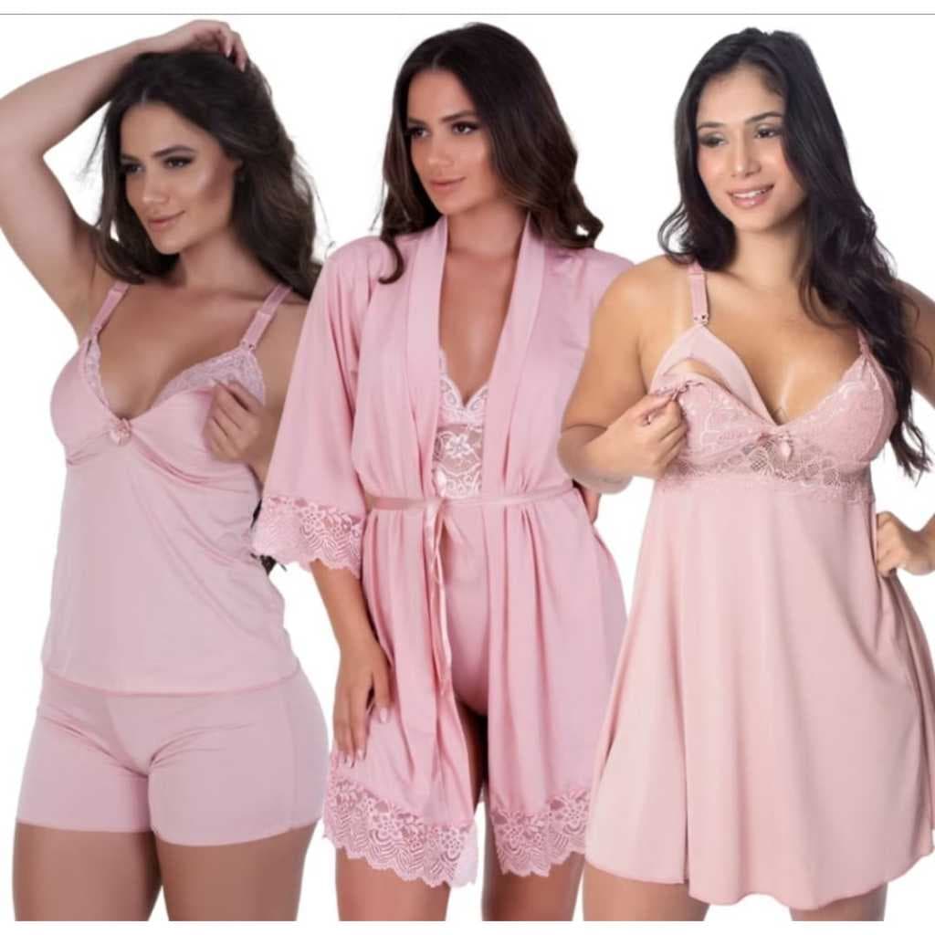 Kit Maternidade Premium 3 peças Robe Seda + Camisola Amamentação + Baby Doll Amamentação Pós Parto