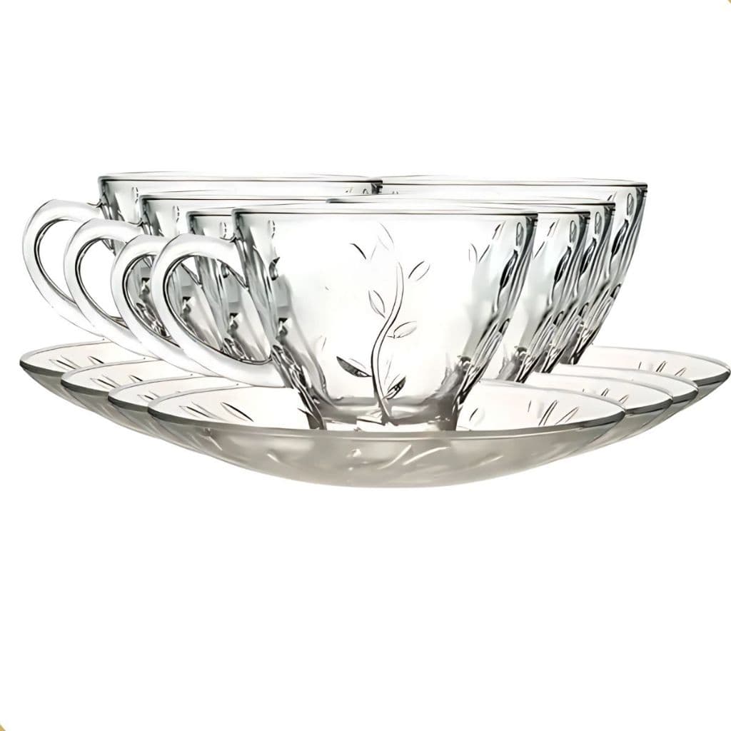Jogo Xícaras Café Chá Com Pires 220ml 12 Peças Vidro Transparente Resistente Kit Elegante Mesa