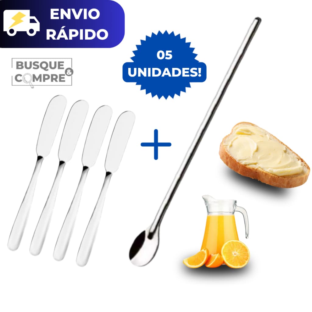 Kit Colher Suco 30cm Grande + 4 Espatula Manteiga e Geleia para Pão Inox Prateado para Cozinha