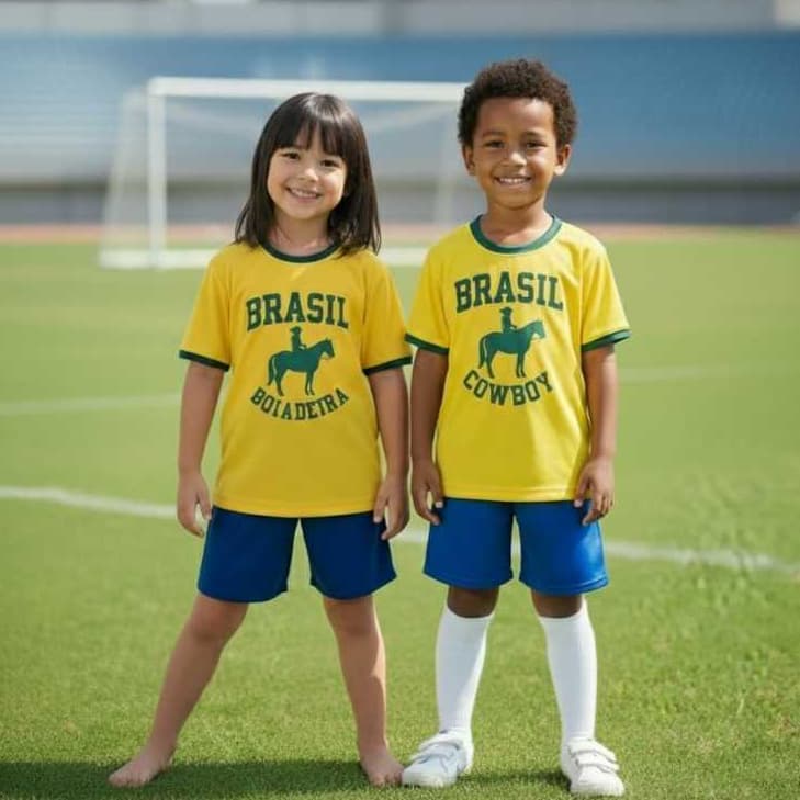 Kit Camiseta e Shorts Conjunto Juvenil Brasil Country Boiadeira Cowboy Unissex Futebol
