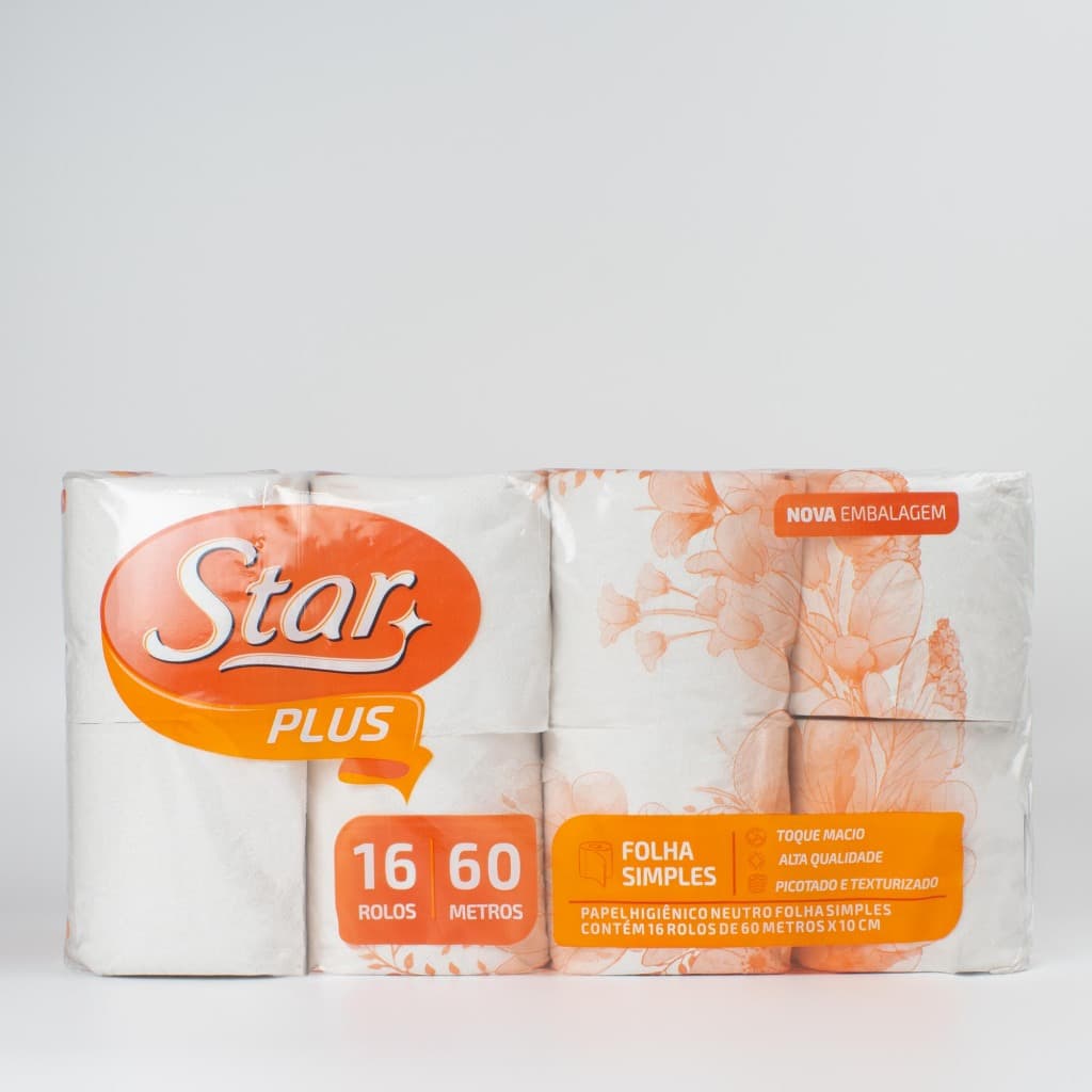 Papel Higiênico Star Plus Neutro Folha Simples 16 Rolos 60mx10cm Toque Macio Alta Qualidade Picotado
