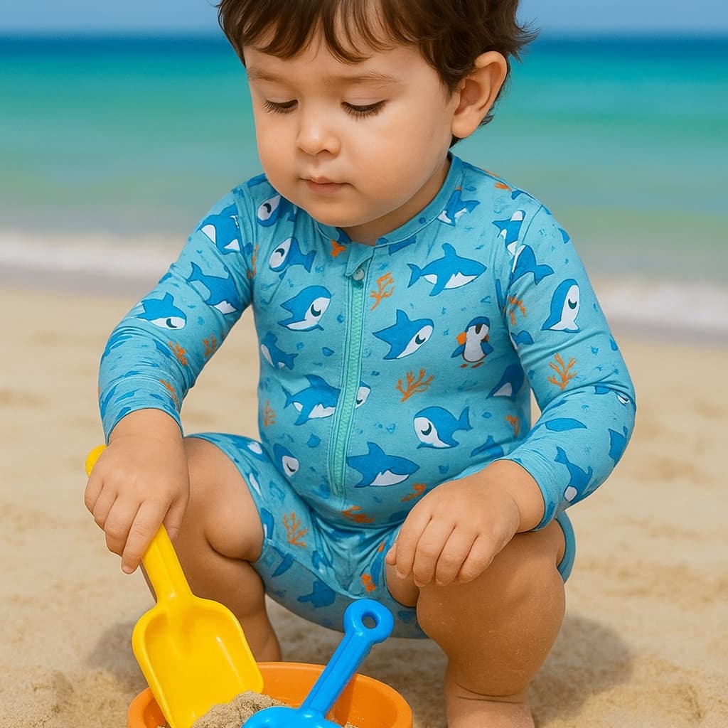 Macacão de Praia Menino C/ Ziper de 1 a 6 anos Traje de Banho Infantil Estampado Proteção Solar