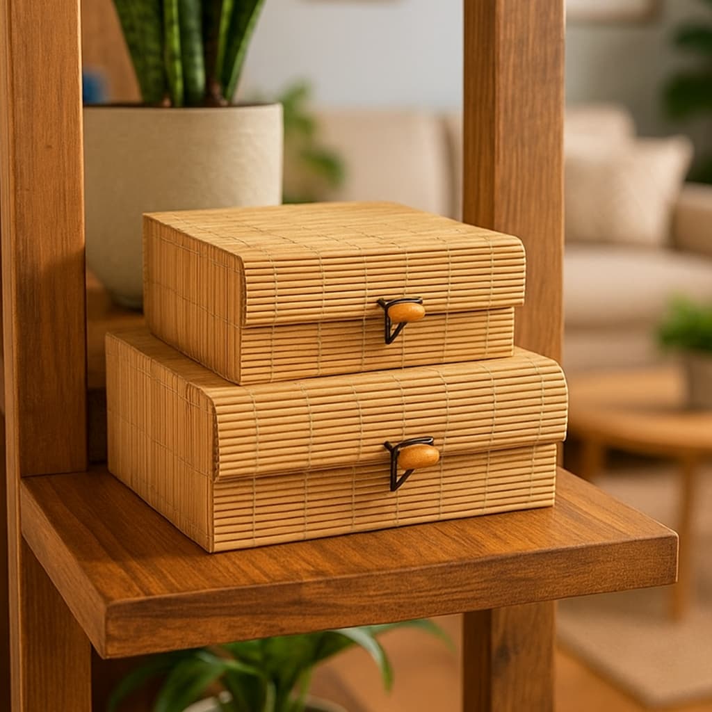 Caixas Decorativas Bambu Madeira Porta Objetos Decoração Sala Estante Escritorio Joias Objetos Controle Tv Remoto