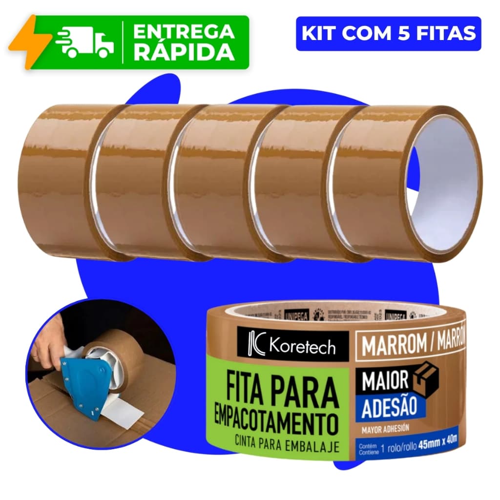 Kit 5 Fitas Empacotamento Adesiva Marrom Caixa Embalagem E-Commerce Papelão (48mm x 45m) Koretech