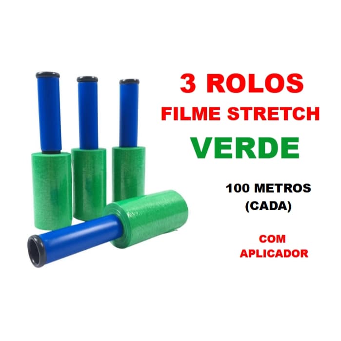 3 Rolos Filme Stretch VERDE com aplicador (10cm) 100 Metros (cada)