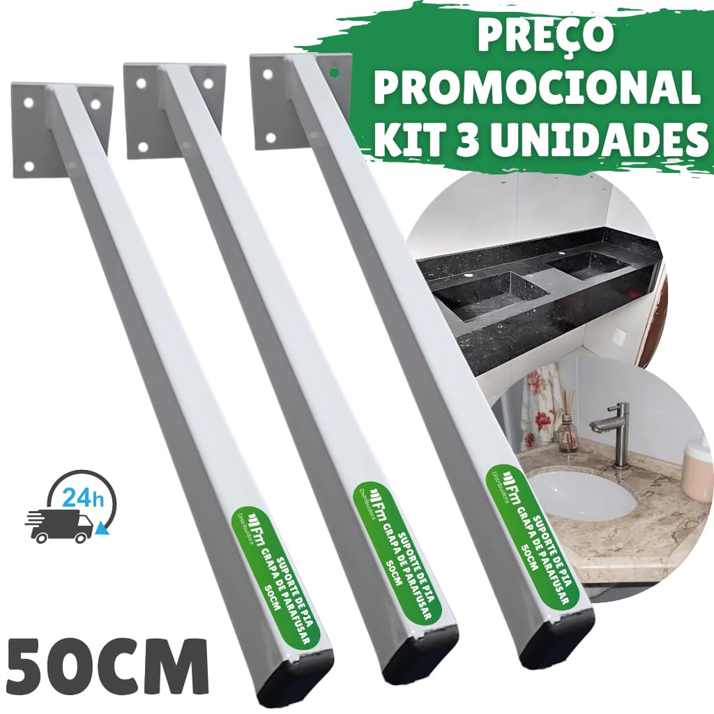 Kit 3 Suporte De Pia 2 Grapa De Parafusar 50cm Com Pintura Eletrostática Base Reforçada