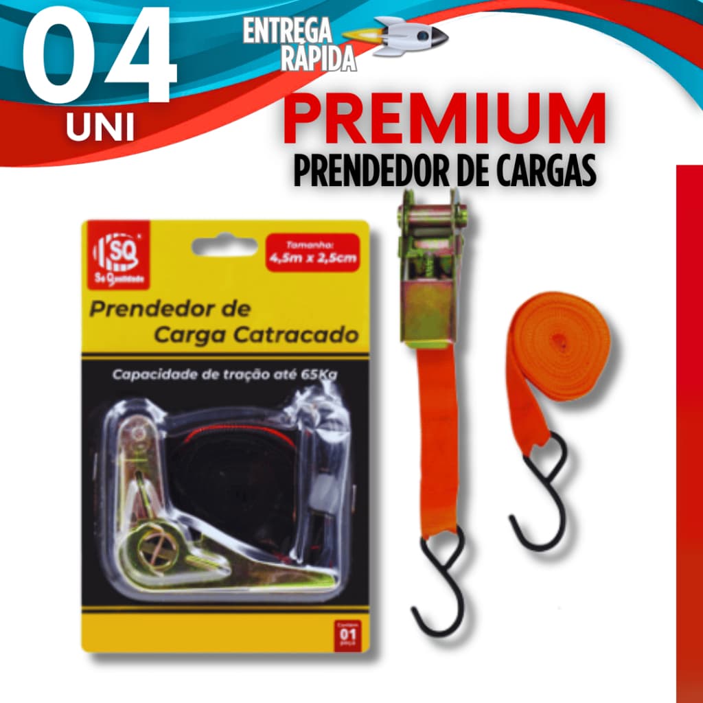 Cinta Catraca com Gancho Kit 1 a 4 Amarração de Carga 4,5 metros Suporta 65 kilos Reforçado Amarrar