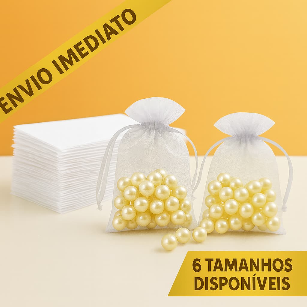 Kit 100 Saquinhos Saco Organza 7x9 / 9x12 / 10x15 / 12x17 / 20x30 / 20x35 Branco Lembrancinha Natal Jóia Festa Casamento