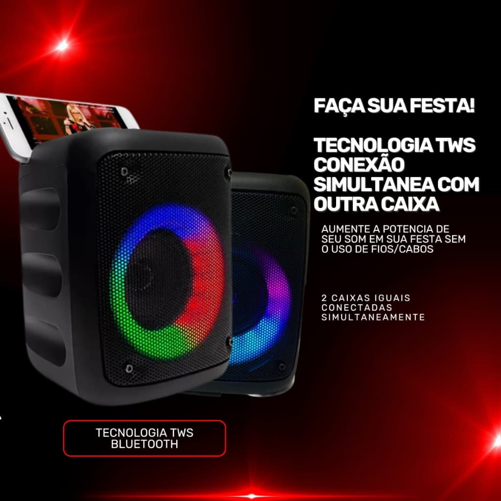 Caixa de Som Bluetooth Caixinha Som Portatil Potente com Excelentes Graves Luzes Radio Fm Usb Sd Selo Anatel