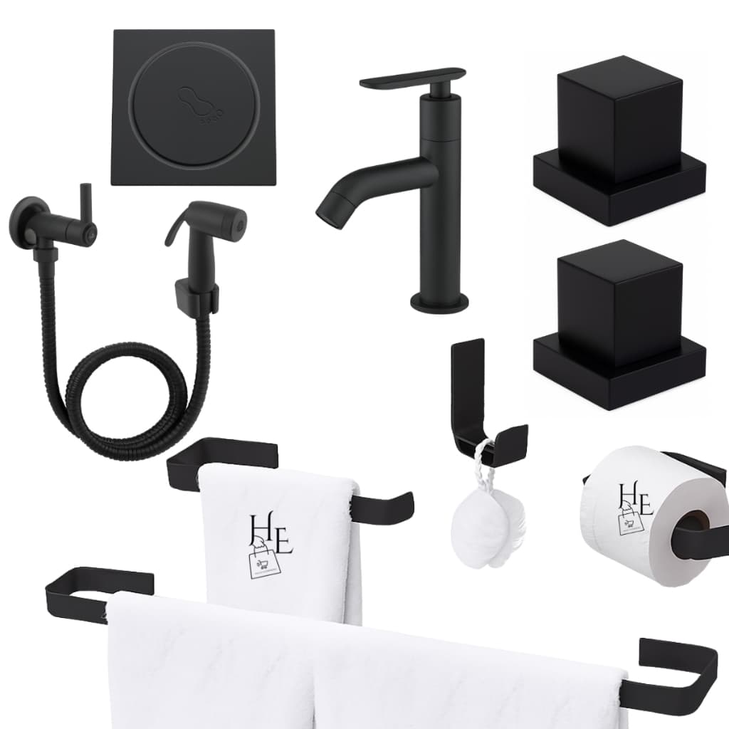 Kit Acessórios de Banheiro Preto +Torneira Bica alta+ Ducha Higienica+ 02 Acabamento Metal Deca+ Ralo Click 10x10