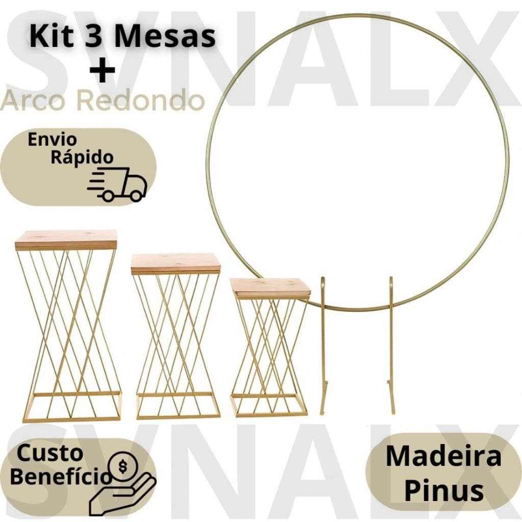 Kit 3 Mesas em Ferro Treliça Cruzada + Painel Arco Redondo Desmontavel Decoração de Festa