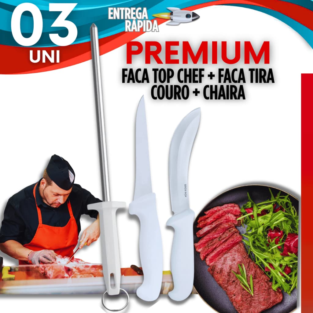 Kit Faca Tira Couro e Sangria Profissional + Faca Desossa 6 polegadas + Amolador Chaira Afiar Facas