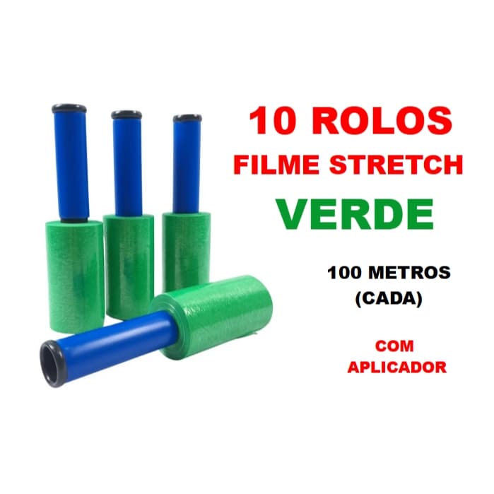 10 Rolos Filme Stretch VERDE com aplicador (10cm) 100 Metros (cada)