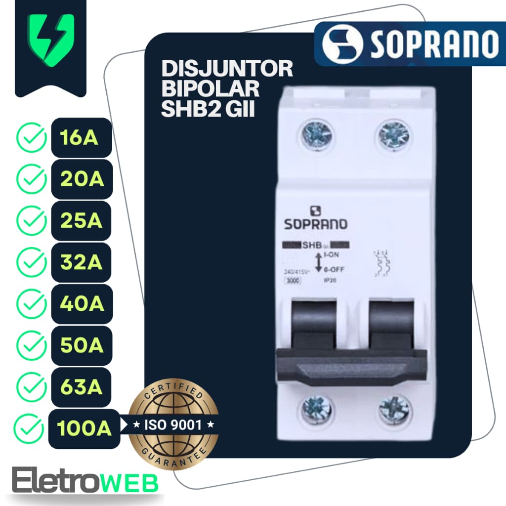 Disjuntor Bipolar SHB GII 110v/220 16a 20a 32a 40a 50a 63a 100a Soprano Oferta Promoção
